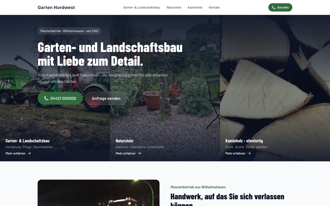 Startseite eines Garten- und Landschaftsbaubetriebs: großes Foto, Überschrift, Anruf-Knopf, darunter drei Leistungsfelder