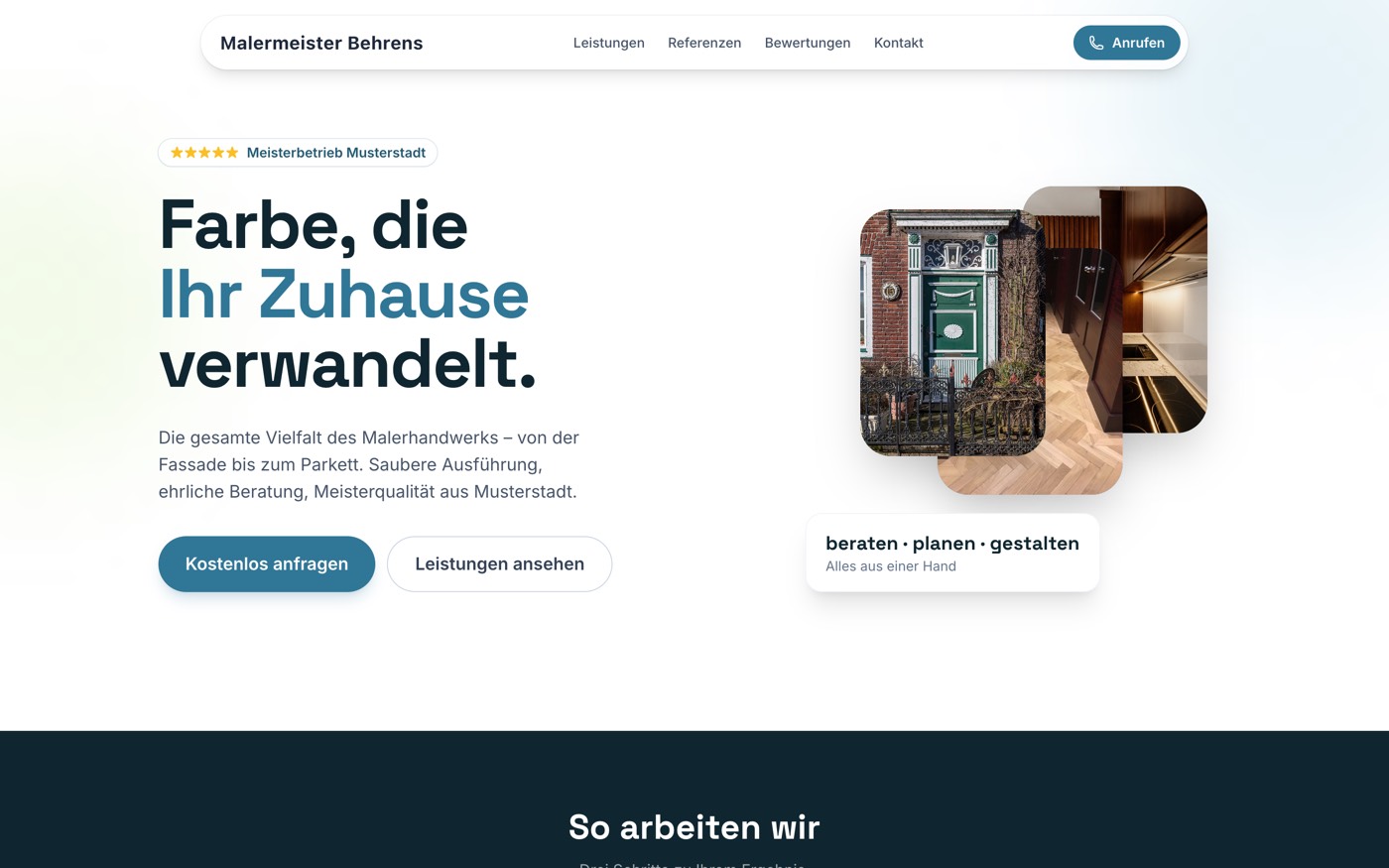 Startseite eines Malerbetriebs: helle Fläche, große Überschrift, zwei Knöpfe, rechts Projektfotos in gerundeten Formen