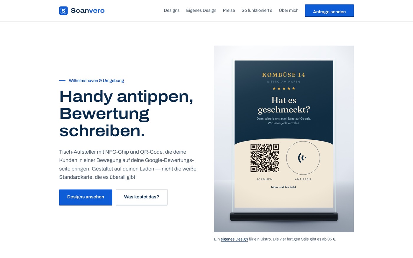 Startseite von scanvero.de: Produktfoto eines Aufstellers, Überschrift, zwei Knöpfe